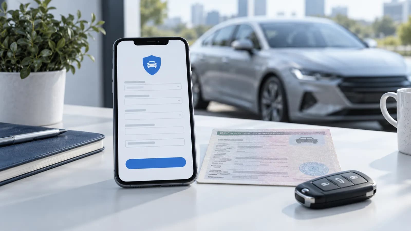 Смартфон с формой страхования рядом с документами и ключом от автомобиля